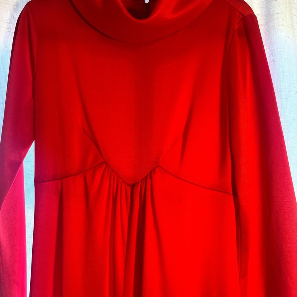 Vintage Late 60s/Early 70s Tomato Red High Neck Maxi Cocktail Dress - Picture 5 of 7